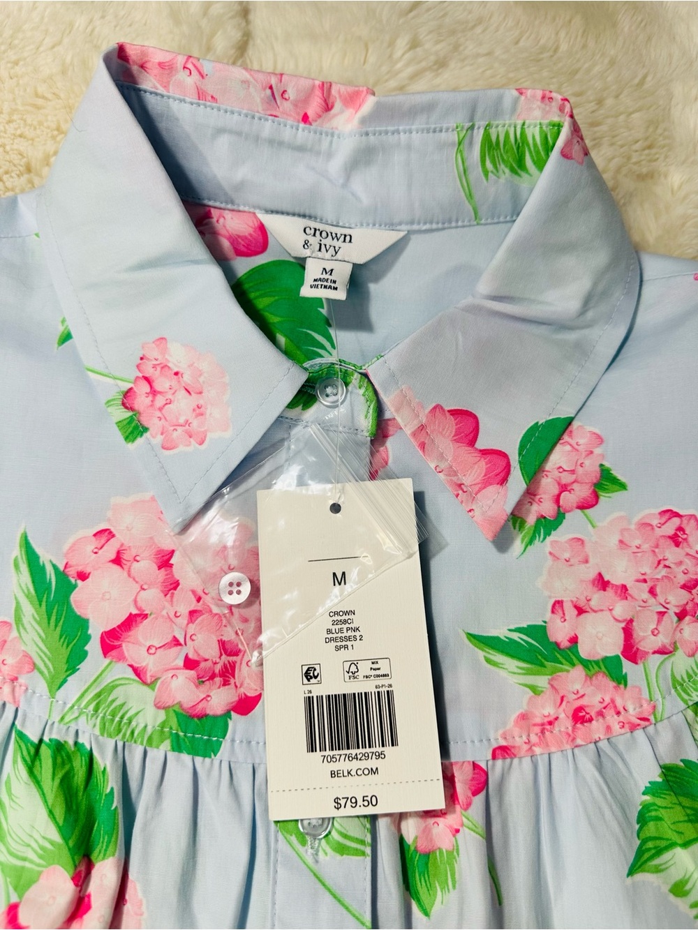 Crown & Ivy Hydrangea Shirt Dress Mini Medium New Cottagecore Cotton Puff Selves - Picture 4 of 6